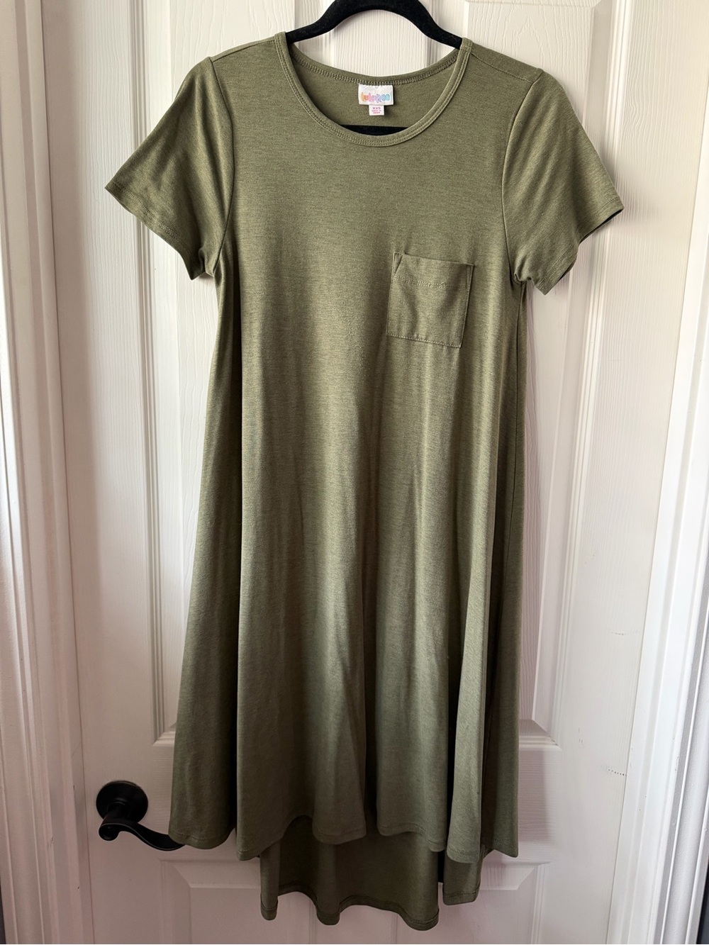 LuLaRoe Carly Swing Dress - Olive Green Short Sleeve Pocket Swing Dress